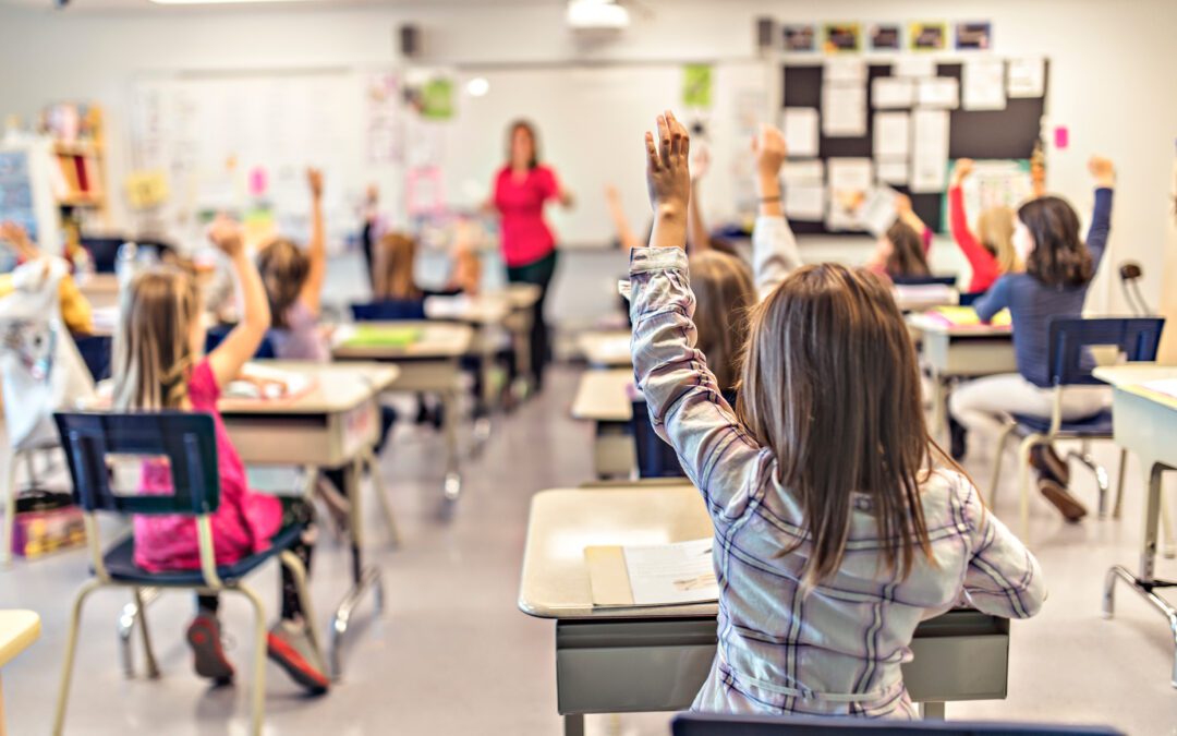 Blick in einen Klassenraum, in dem eine Lehrerin Schülerinnen und Schüler unterrichtet.