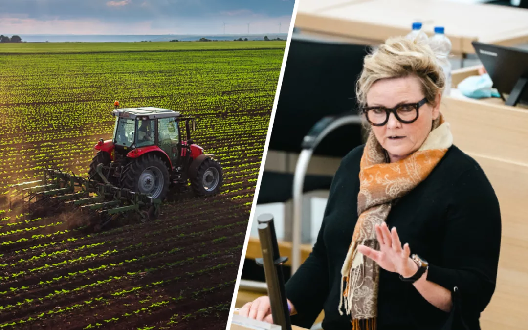 Links: Ein Traktor fährt über ein Feld. Rechts: Kathrin Tarricone, Sprecherin für Landwirtschaft der FDP-Landtagsfraktion Sachsen-Anhalt.