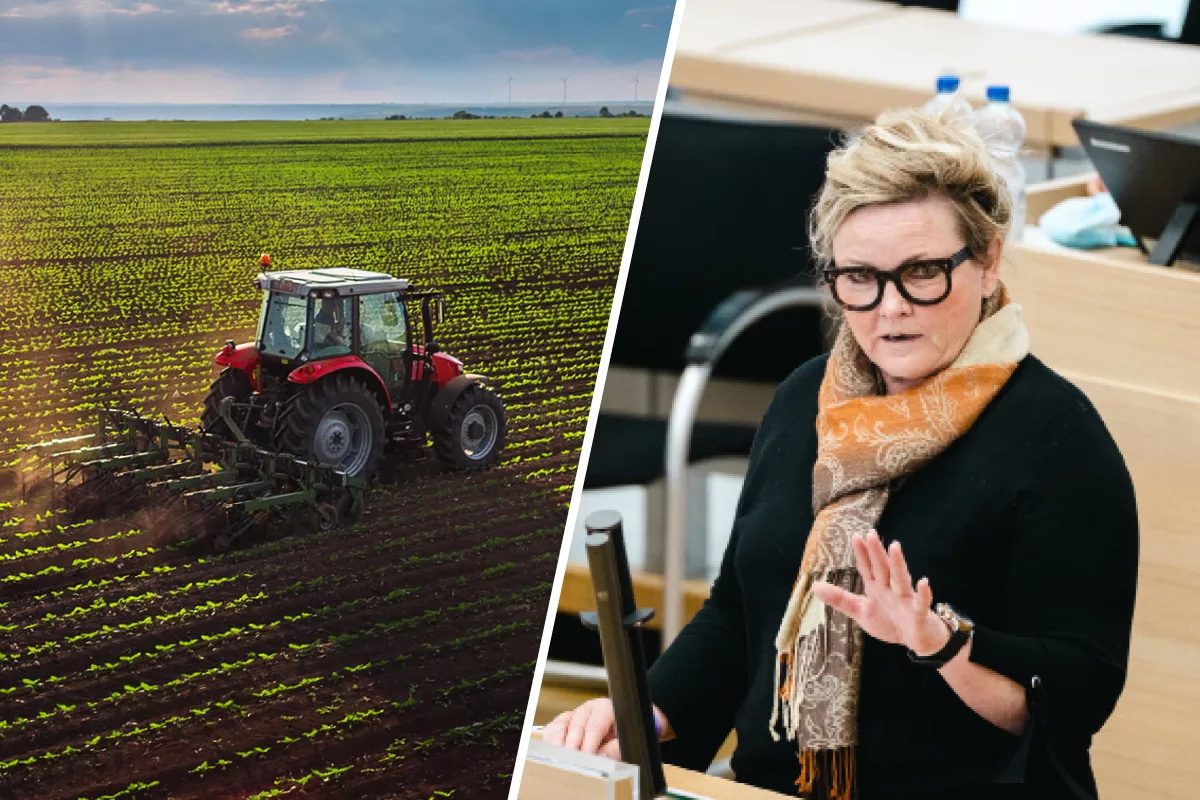 Links: Ein Traktor fährt über ein Feld. Rechts: Kathrin Tarricone, Sprecherin für Landwirtschaft der FDP-Landtagsfraktion Sachsen-Anhalt.